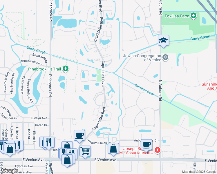 map of restaurants, bars, coffee shops, grocery stores, and more near 822 Capri Isles Boulevard in Venice