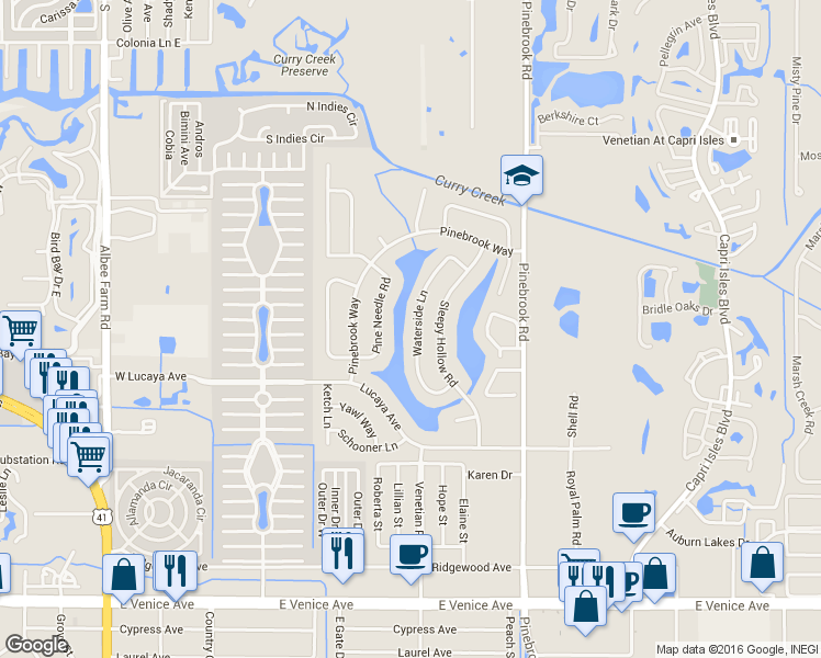 map of restaurants, bars, coffee shops, grocery stores, and more near 1235 Waterside Lane in Venice