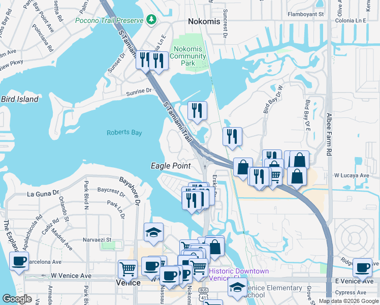 map of restaurants, bars, coffee shops, grocery stores, and more near 722 Eagle Point Drive in Venice