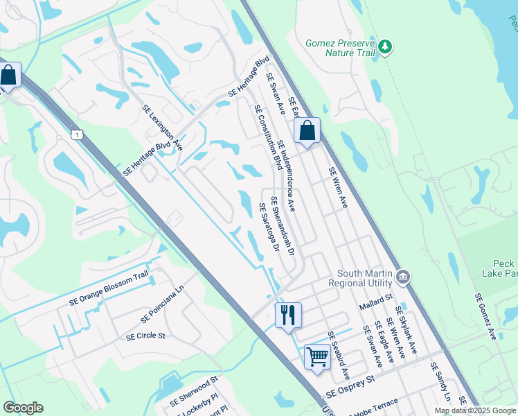 map of restaurants, bars, coffee shops, grocery stores, and more near 7824 Southeast Saratoga Drive in Hobe Sound