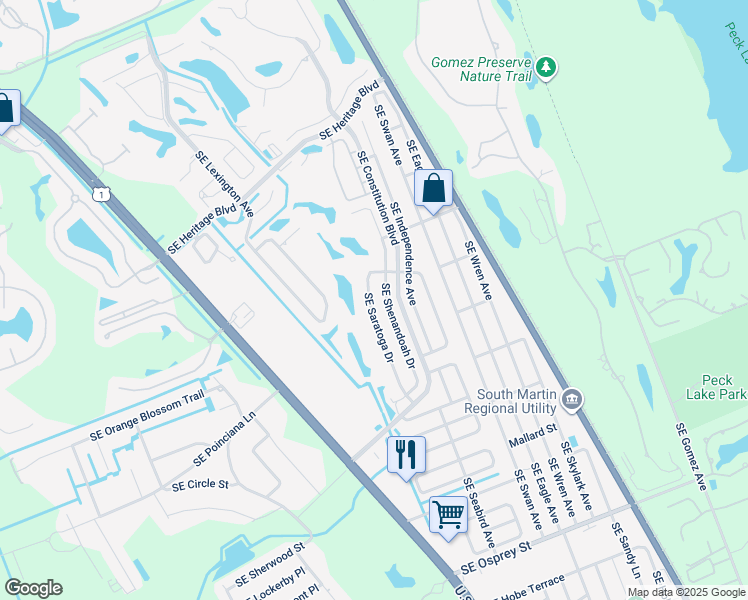 map of restaurants, bars, coffee shops, grocery stores, and more near 7824 Southeast Saratoga Drive in Hobe Sound
