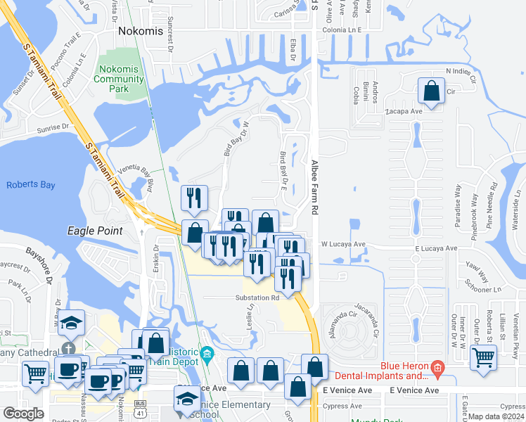map of restaurants, bars, coffee shops, grocery stores, and more near 618 Bird Bay Drive South in Venice