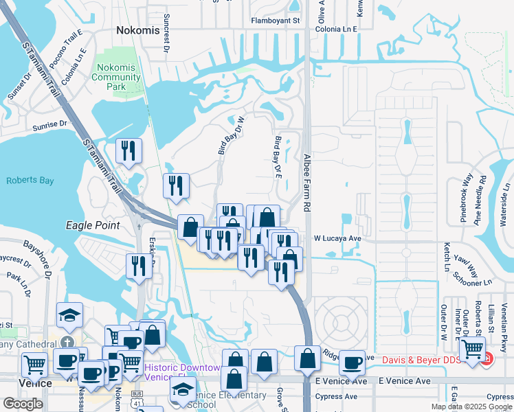 map of restaurants, bars, coffee shops, grocery stores, and more near 618 Bird Bay Drive South in Venice