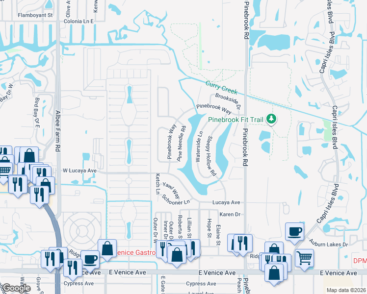 map of restaurants, bars, coffee shops, grocery stores, and more near 1235 Waterside Lane in Venice