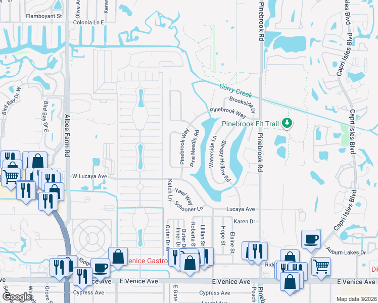 map of restaurants, bars, coffee shops, grocery stores, and more near 1229 Pine Needle Road in Venice