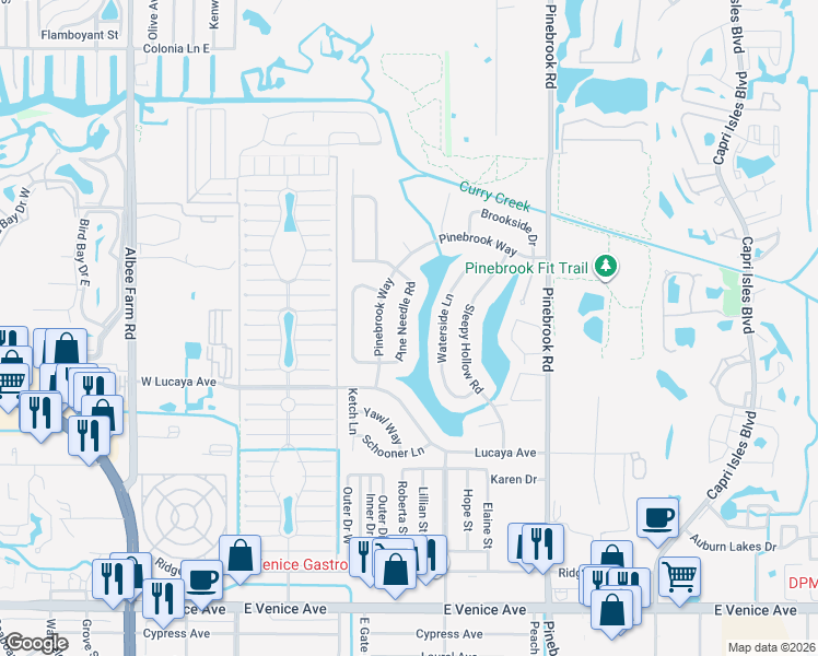 map of restaurants, bars, coffee shops, grocery stores, and more near 1235 Waterside Lane in Venice
