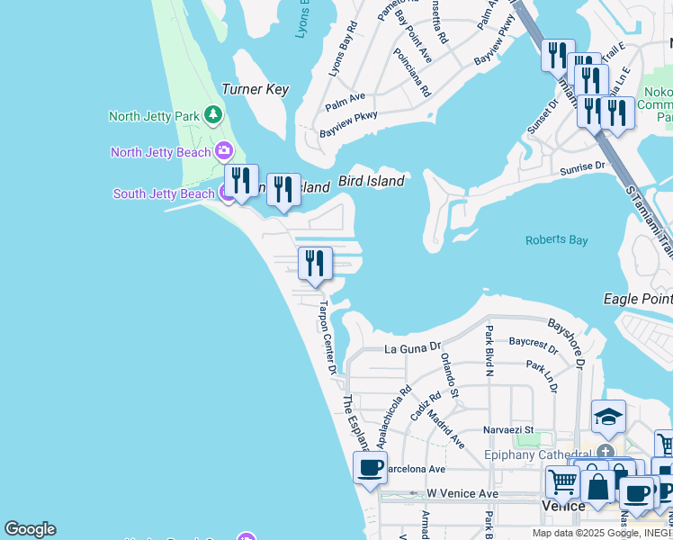map of restaurants, bars, coffee shops, grocery stores, and more near 873 White Cap Circle in Venice