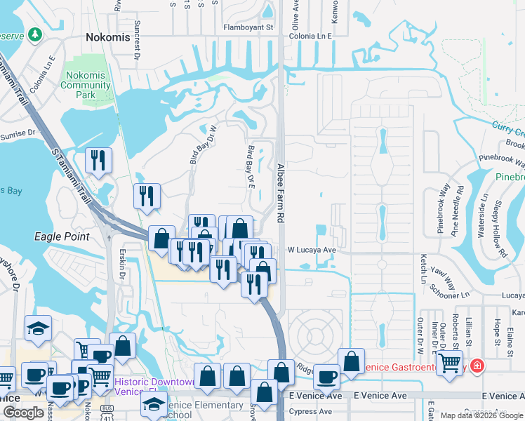 map of restaurants, bars, coffee shops, grocery stores, and more near 206 Bird Bay Drive East in Venice