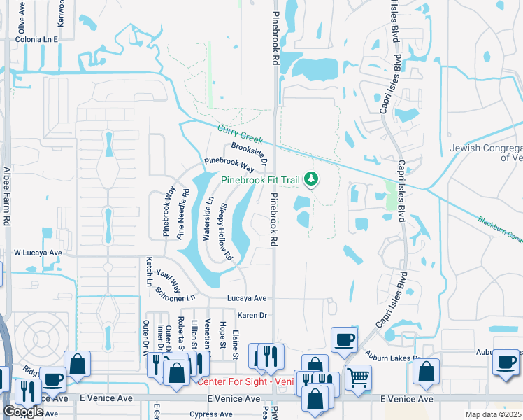 map of restaurants, bars, coffee shops, grocery stores, and more near 301 Pinebrook Club Drive in Venice