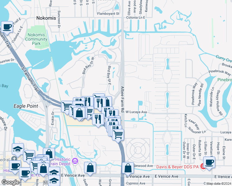 map of restaurants, bars, coffee shops, grocery stores, and more near 1051 Albee Farm Road in Venice