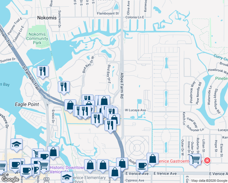 map of restaurants, bars, coffee shops, grocery stores, and more near 206 Bird Bay Drive East in Venice