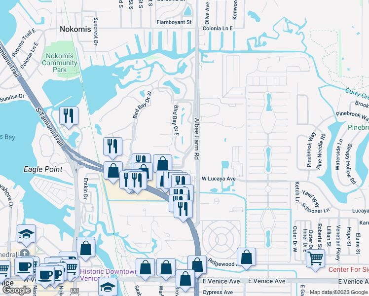 map of restaurants, bars, coffee shops, grocery stores, and more near 206 Bird Bay Drive East in Venice