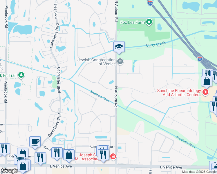 map of restaurants, bars, coffee shops, grocery stores, and more near 420 Arborview Lane in Venice