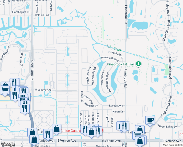 map of restaurants, bars, coffee shops, grocery stores, and more near 1229 Pine Needle Road in Venice