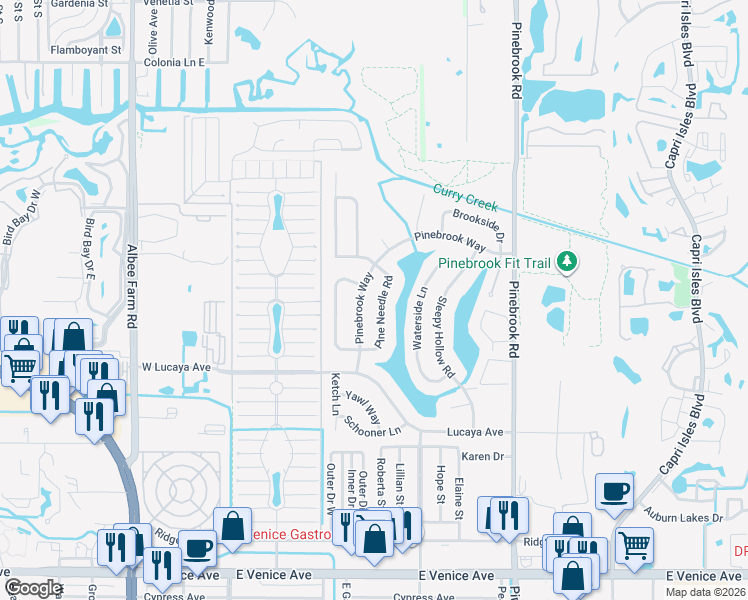 map of restaurants, bars, coffee shops, grocery stores, and more near 1229 Pine Needle Road in Venice