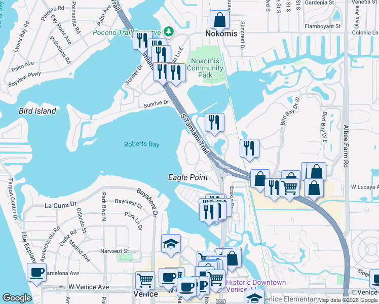 map of restaurants, bars, coffee shops, grocery stores, and more near 739 Eagle Point Drive in Venice