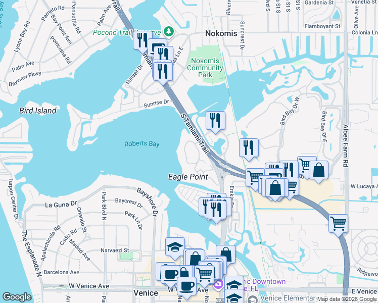 map of restaurants, bars, coffee shops, grocery stores, and more near 739 Eagle Point Drive in Venice