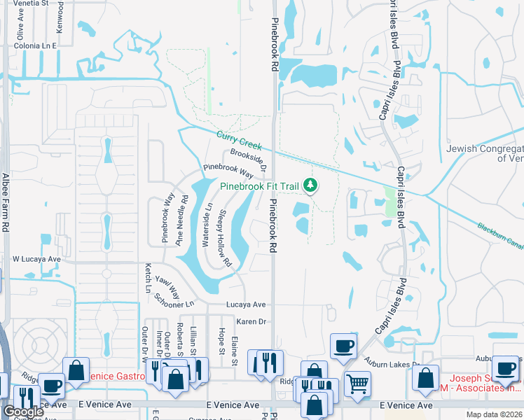 map of restaurants, bars, coffee shops, grocery stores, and more near 1279 Lakeside Woods Drive in Venice