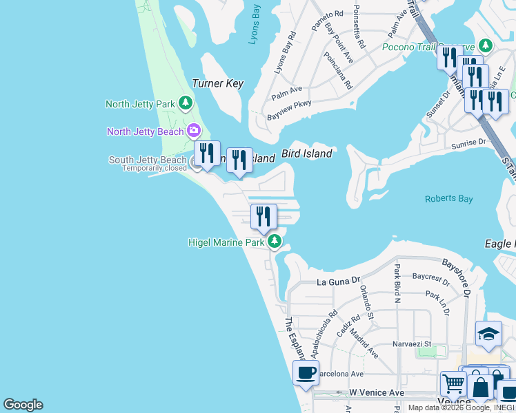 map of restaurants, bars, coffee shops, grocery stores, and more near 907 Inlet Circle in Venice