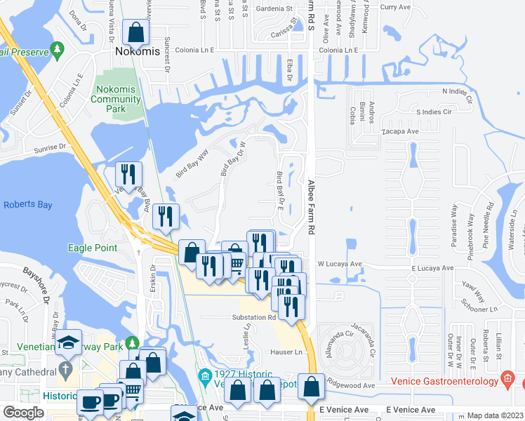 map of restaurants, bars, coffee shops, grocery stores, and more near 660 White Pine Tree Road in Venice