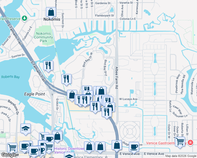 map of restaurants, bars, coffee shops, grocery stores, and more near 660 White Pine Tree Road in Venice