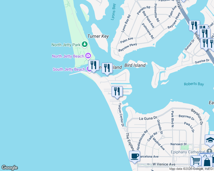 map of restaurants, bars, coffee shops, grocery stores, and more near 1451 Tarpon Center Drive in Venice