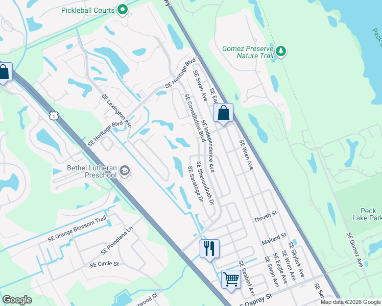 map of restaurants, bars, coffee shops, grocery stores, and more near 7734 Southeast Saratoga Drive in Hobe Sound