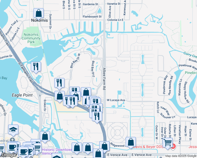 map of restaurants, bars, coffee shops, grocery stores, and more near 642 Bird Bay Drive East in Venice