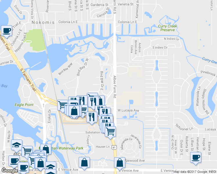 map of restaurants, bars, coffee shops, grocery stores, and more near 642 Bird Bay Drive East in Venice