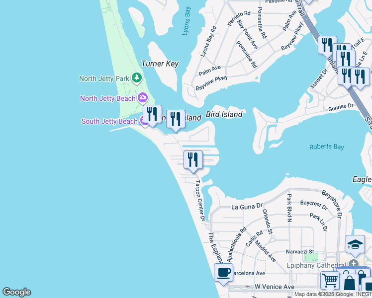 map of restaurants, bars, coffee shops, grocery stores, and more near 907 Inlet Circle in Venice
