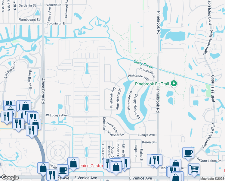 map of restaurants, bars, coffee shops, grocery stores, and more near 1240 Pinebrook Way in Venice