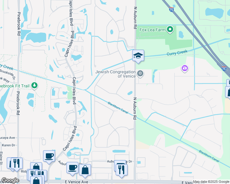 map of restaurants, bars, coffee shops, grocery stores, and more near 491 Sawgrass Bridge Road in Venice