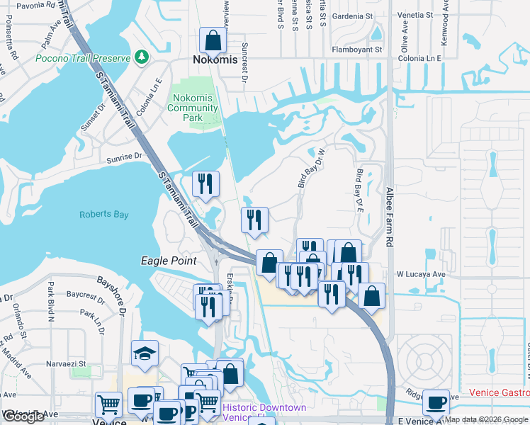 map of restaurants, bars, coffee shops, grocery stores, and more near 696 Bird Bay Circle in Venice