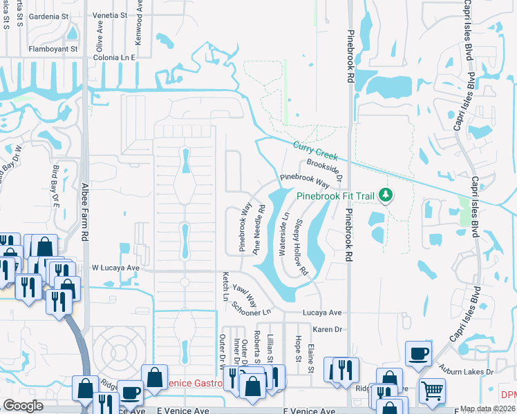 map of restaurants, bars, coffee shops, grocery stores, and more near 1240 Pinebrook Way in Venice