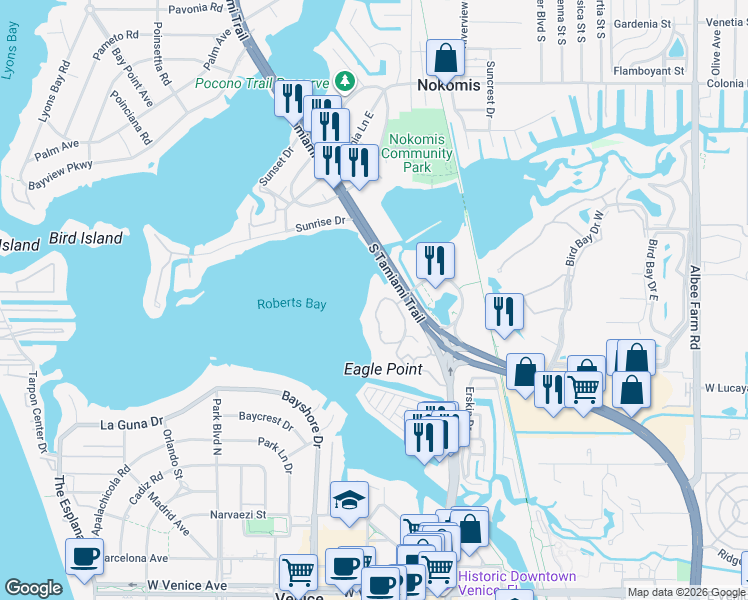 map of restaurants, bars, coffee shops, grocery stores, and more near 739 Eagle Point Drive in Venice