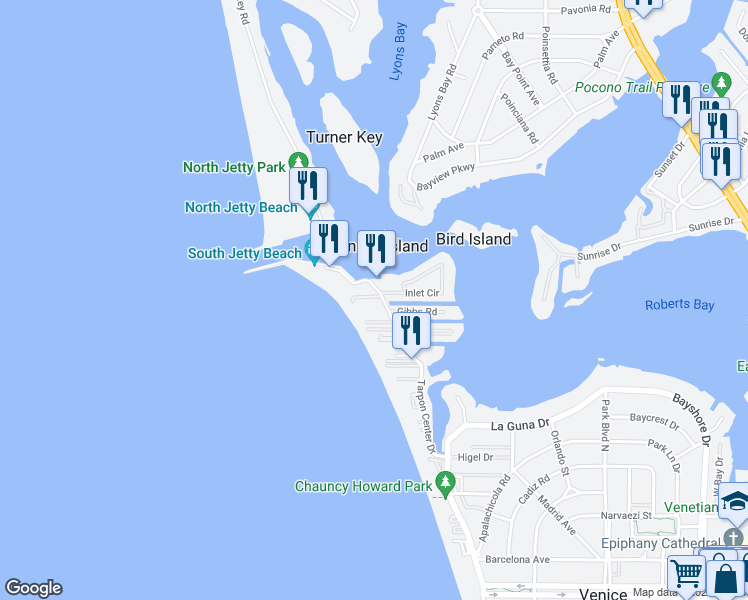 map of restaurants, bars, coffee shops, grocery stores, and more near 1451 Tarpon Center Drive in Venice