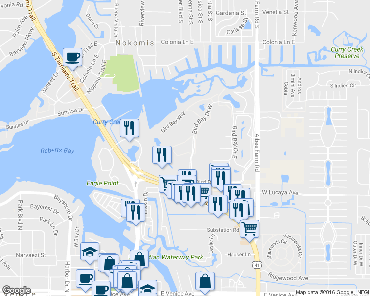map of restaurants, bars, coffee shops, grocery stores, and more near 641 Bird Bay Drive West in Venice