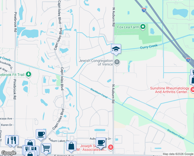 map of restaurants, bars, coffee shops, grocery stores, and more near 491 Sawgrass Bridge Road in Venice