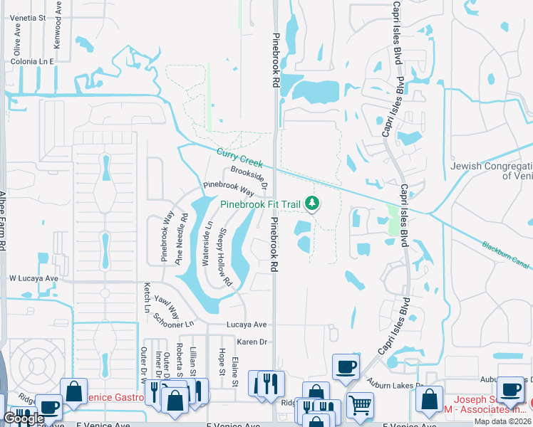 map of restaurants, bars, coffee shops, grocery stores, and more near 1279 Lakeside Woods Drive in Venice