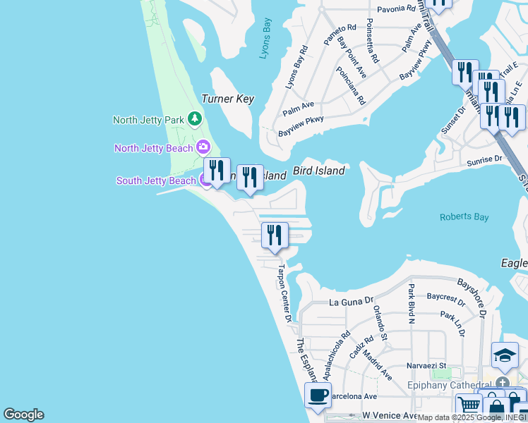 map of restaurants, bars, coffee shops, grocery stores, and more near 1451 Tarpon Center Drive in Venice