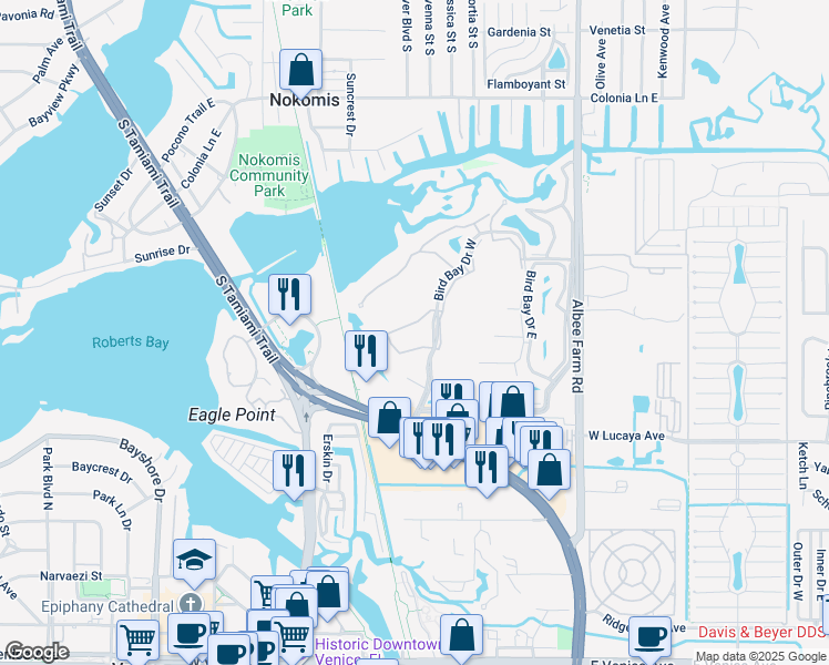 map of restaurants, bars, coffee shops, grocery stores, and more near 641 Bird Bay Drive West in Venice