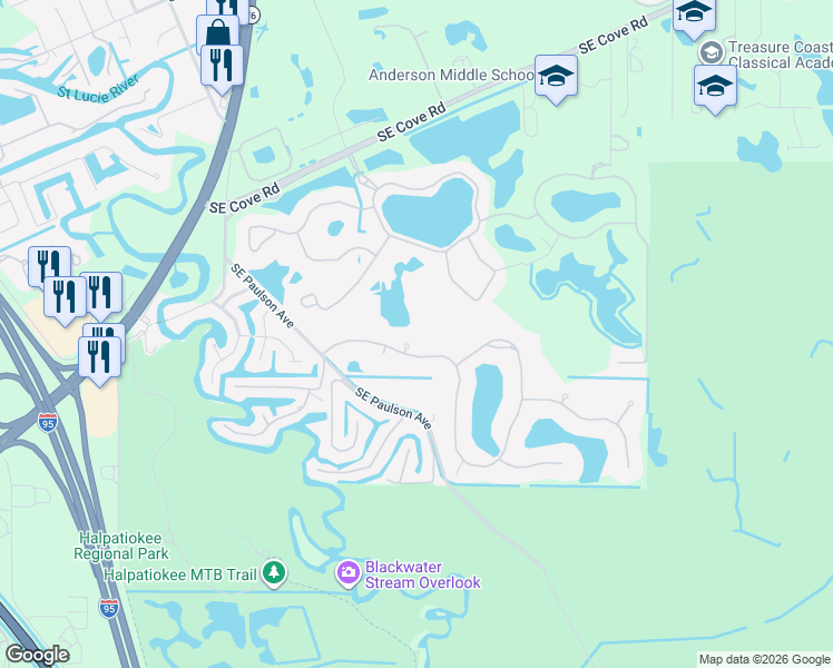 map of restaurants, bars, coffee shops, grocery stores, and more near 277 Southeast Ashley Oaks Way in Stuart