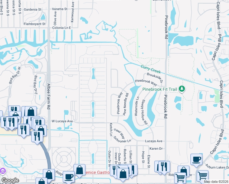map of restaurants, bars, coffee shops, grocery stores, and more near 1253 Paradise Way in Venice