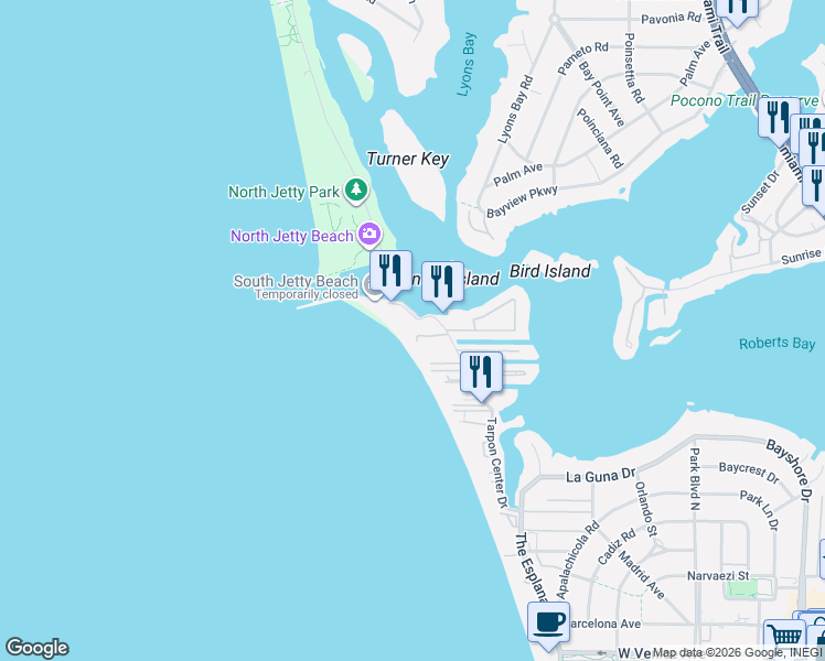 map of restaurants, bars, coffee shops, grocery stores, and more near 3 Tarpon Center Drive in Venice