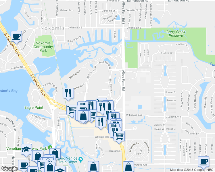 map of restaurants, bars, coffee shops, grocery stores, and more near 684 White Pine Tree Road in Venice