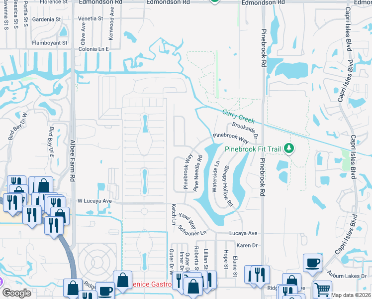 map of restaurants, bars, coffee shops, grocery stores, and more near 1240 Pinebrook Way in Venice