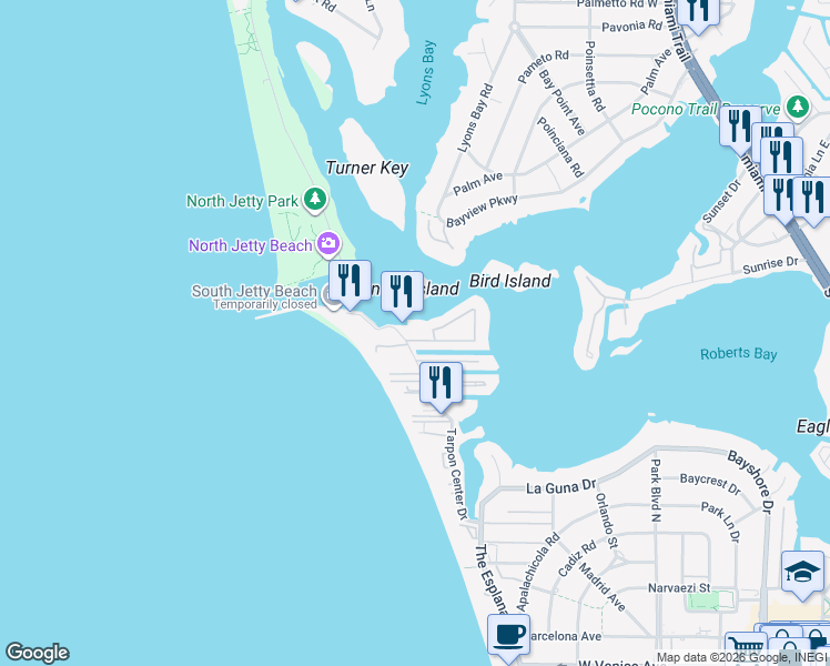 map of restaurants, bars, coffee shops, grocery stores, and more near 1451 Tarpon Center Drive in Venice