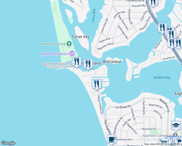 map of restaurants, bars, coffee shops, grocery stores, and more near 1451 Tarpon Center Drive in Venice