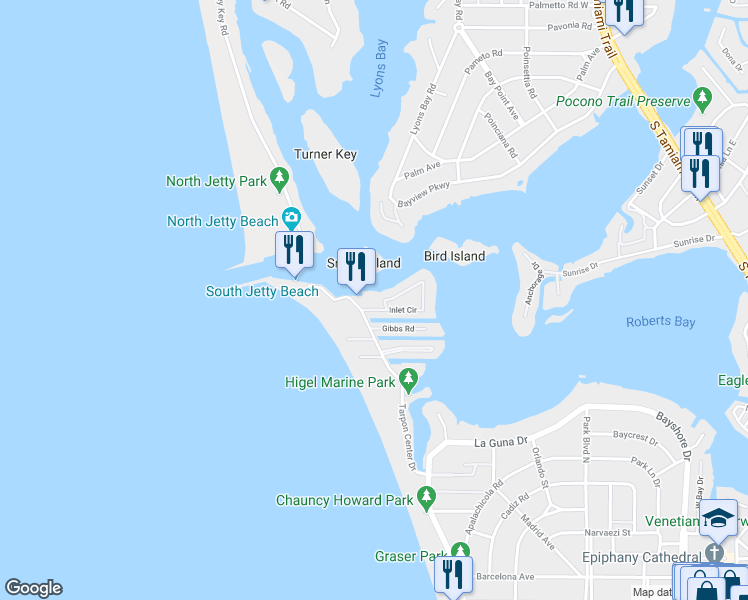 map of restaurants, bars, coffee shops, grocery stores, and more near 1451 Tarpon Center Drive in Venice