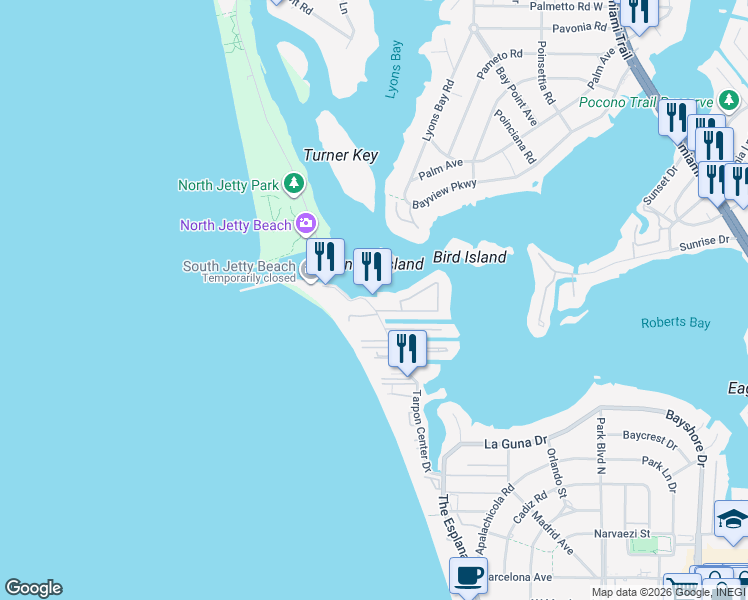map of restaurants, bars, coffee shops, grocery stores, and more near 1968 Tarpon Center Drive in Venice